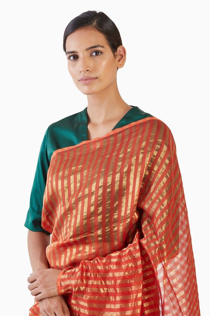 Handwoven Orange Gold Striped Silk Zari Saree by Akaaro for women Worldwide