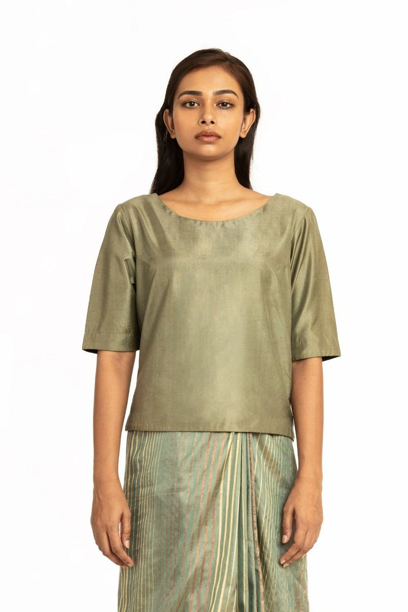 Handwoven Pale Green Round Neck Blouse by Akaaro for women Worldwide