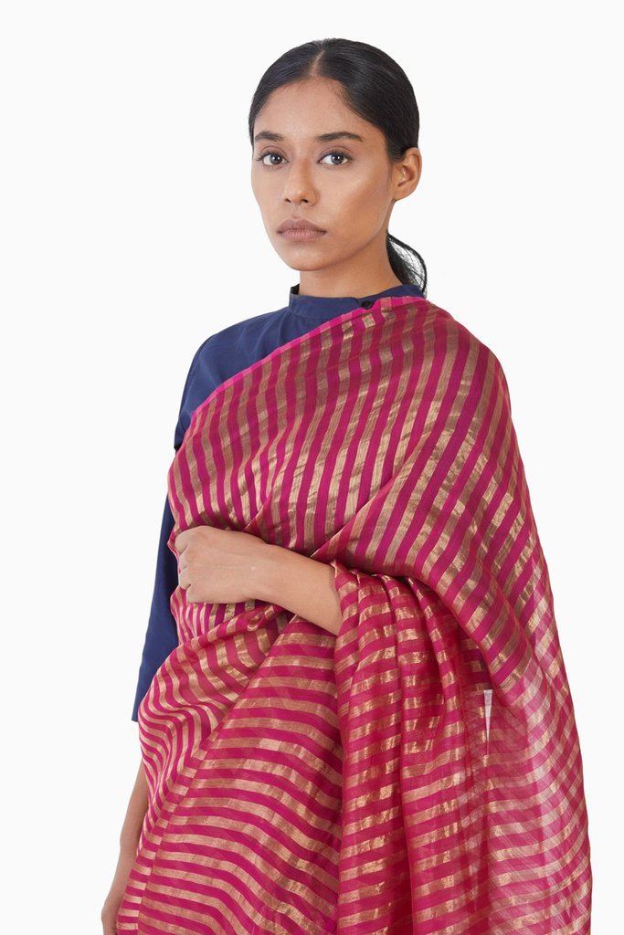 Handwoven Pink Gold Striped Metallic Saree by Akaaro for women Worldwide