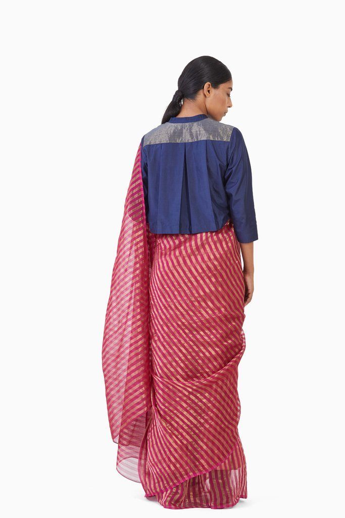 Handwoven Pink Gold Striped Metallic Saree by Akaaro for women Worldwide