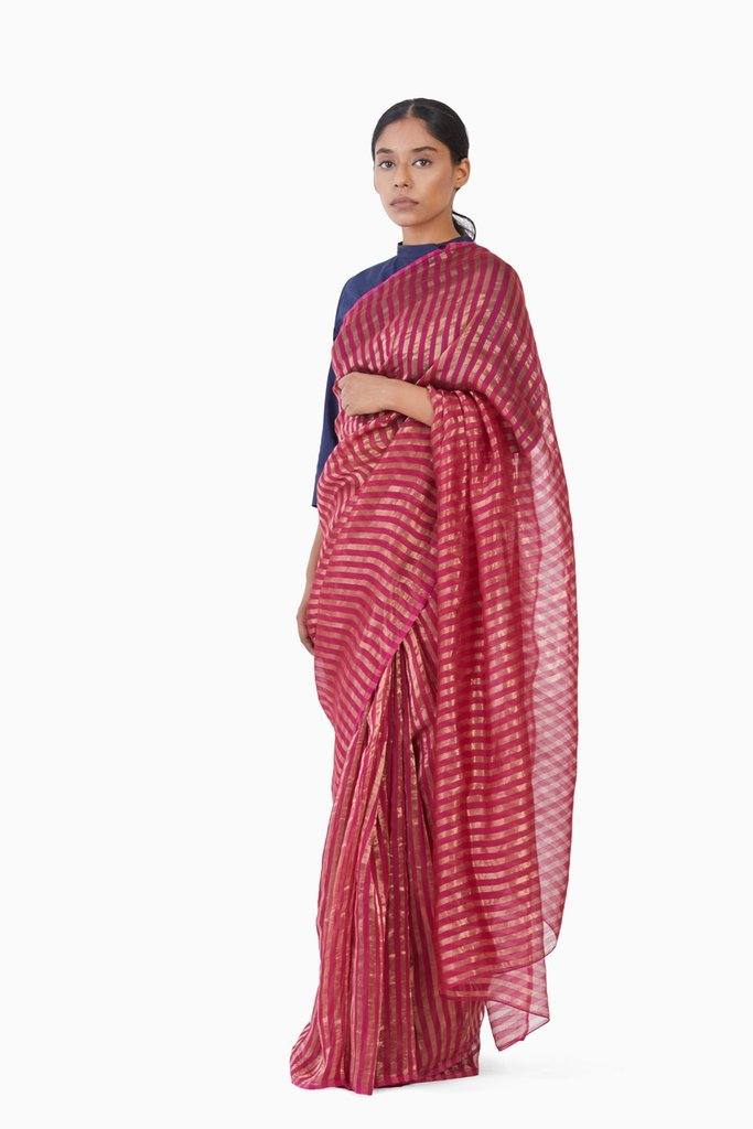 Handwoven Pink Gold Striped Metallic Saree by Akaaro for women Worldwide