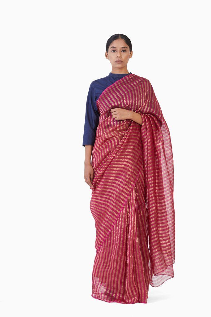 Handwoven Pink Gold Striped Metallic Saree by Akaaro for women Worldwide