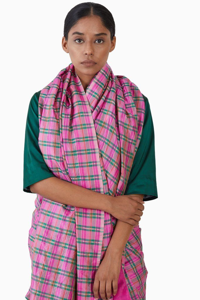 Handwoven Pink Green Striped Silk Saree by Akaaro for women Worldwide