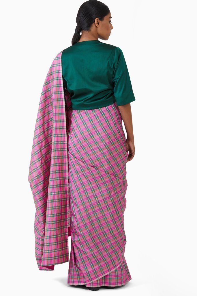 Handwoven Pink Green Striped Silk Saree by Akaaro for women Worldwide