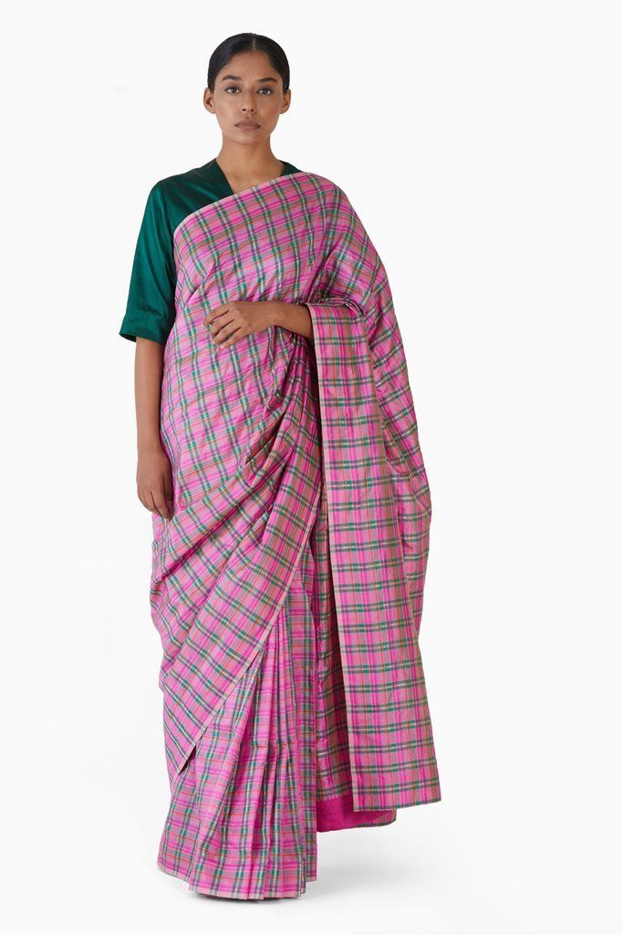 Handwoven Pink Green Striped Silk Saree by Akaaro for women Worldwide