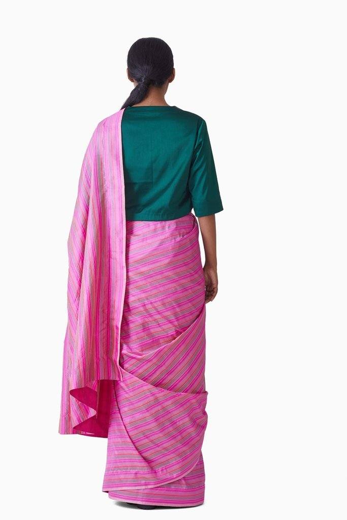Handwoven Pink Multi Striped Silk Saree by Akaaro for women Worldwide