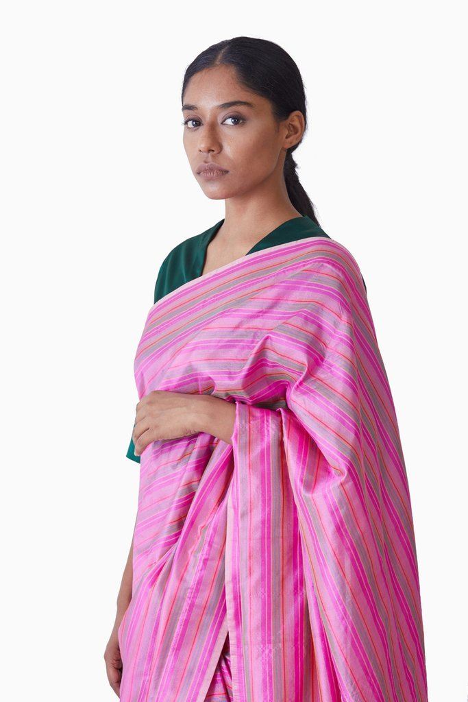 Handwoven Pink Multi Striped Silk Saree by Akaaro for women Worldwide