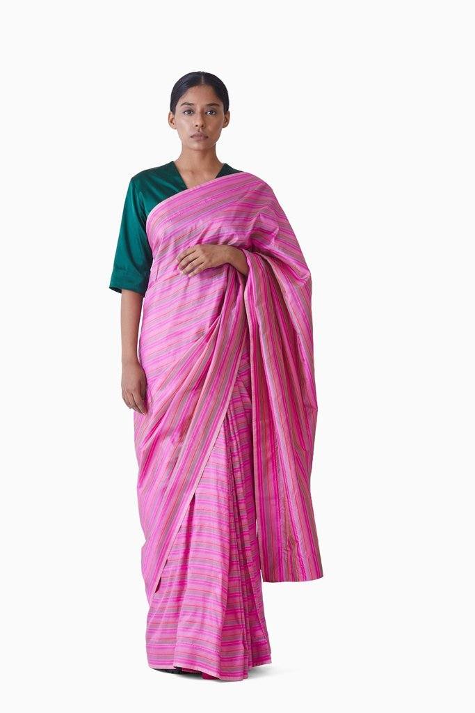 Handwoven Pink Multi Striped Silk Saree by Akaaro for women Worldwide