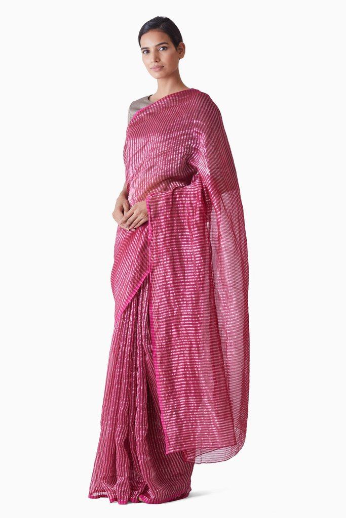 Handwoven Pink Silver Striped Saree by Akaaro for women Worldwide