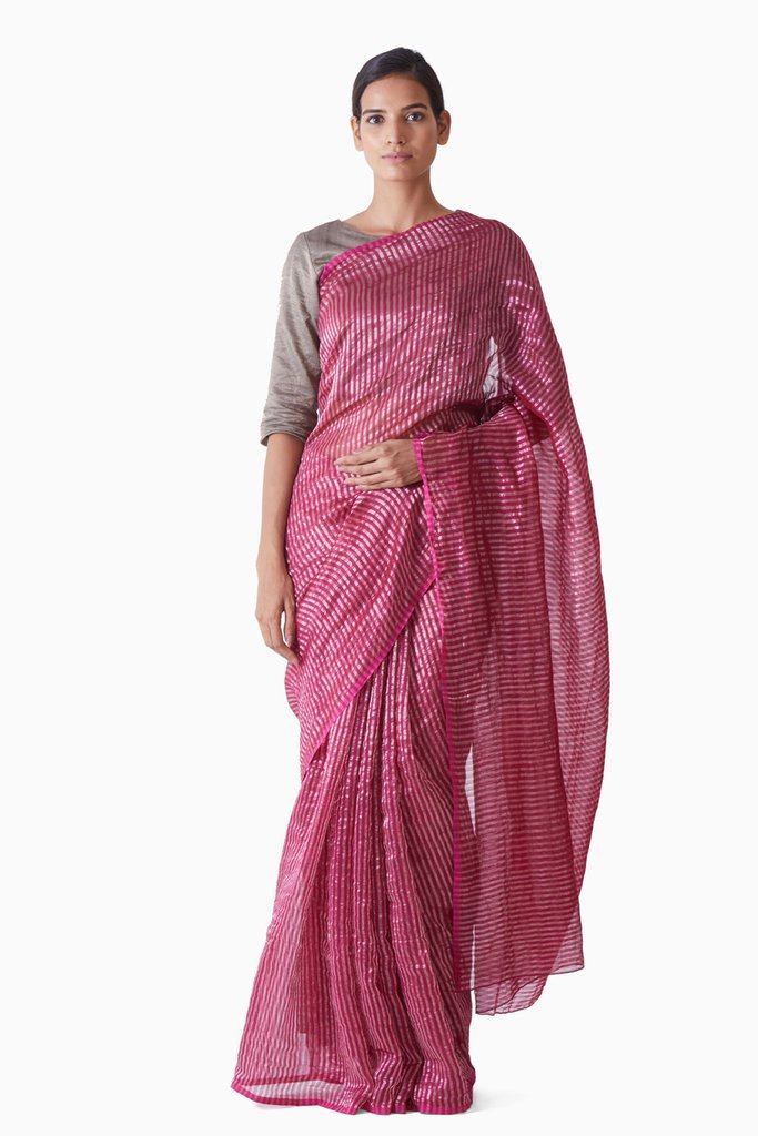 Handwoven Pink Silver Striped Saree by Akaaro for women Worldwide