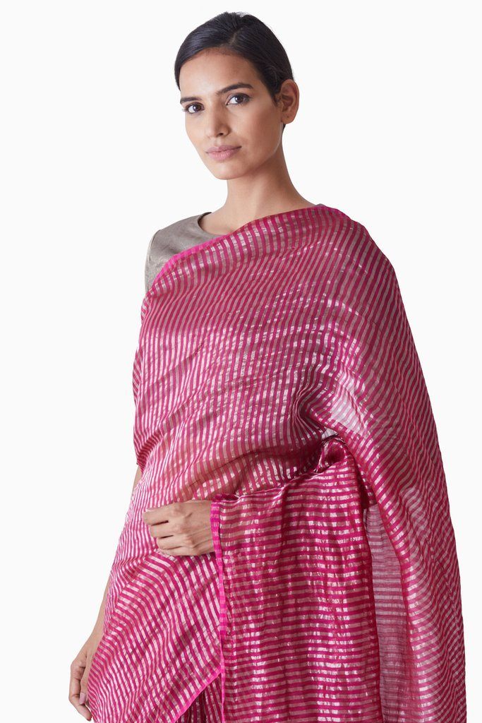 Handwoven Pink Silver Striped Saree by Akaaro for women Worldwide