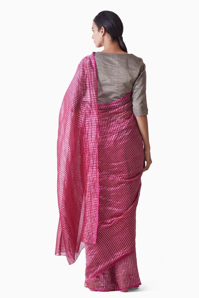 Handwoven Pink Silver Striped Saree by Akaaro for women Worldwide