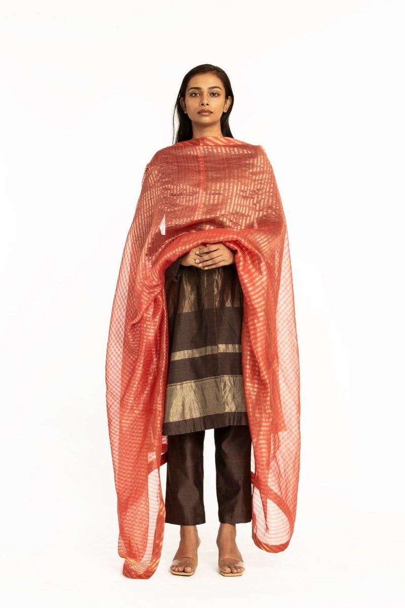 Handwoven Pink Striped Silk Zari Dupatta by Akaaro for women Worldwide