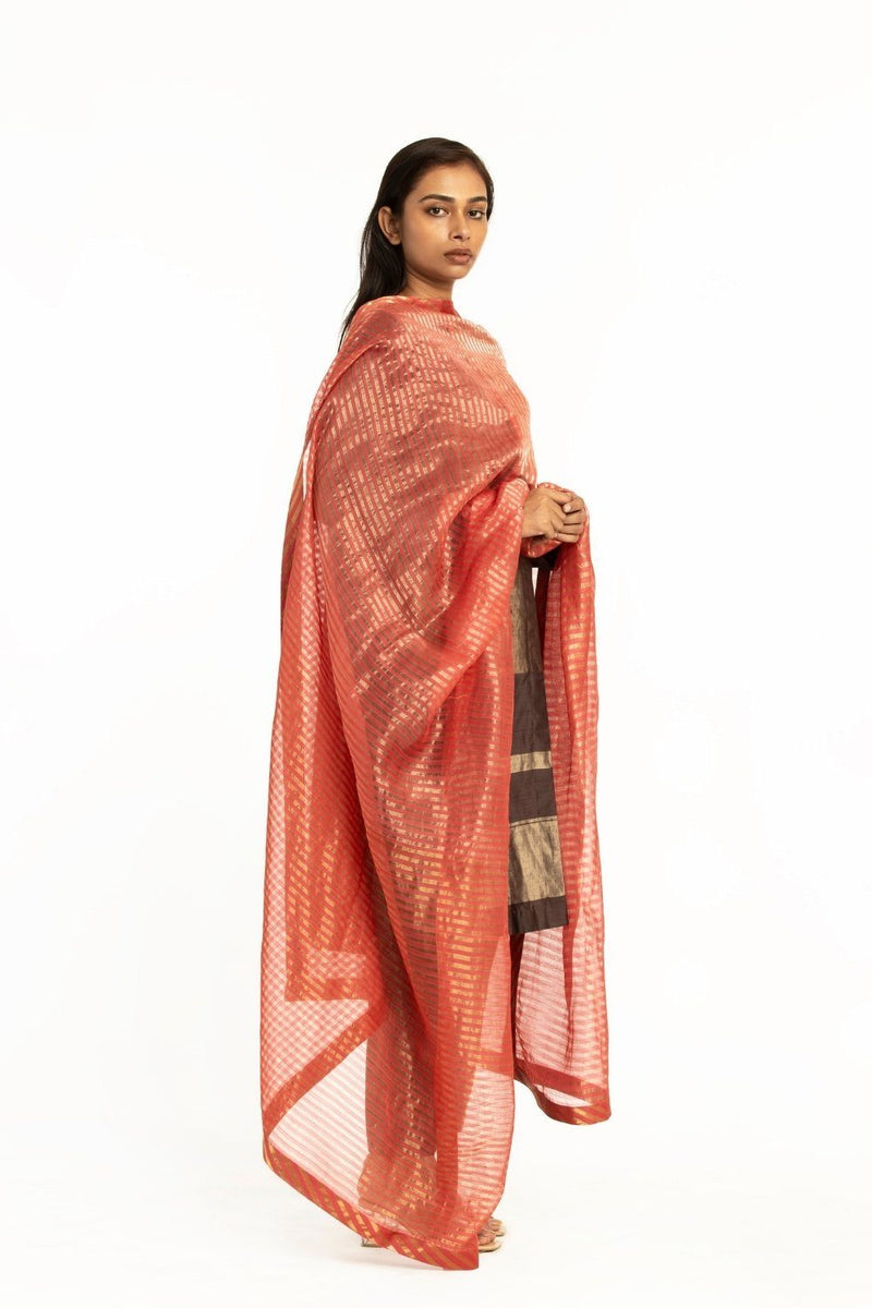Handwoven Pink Striped Silk Zari Dupatta by Akaaro for women Worldwide