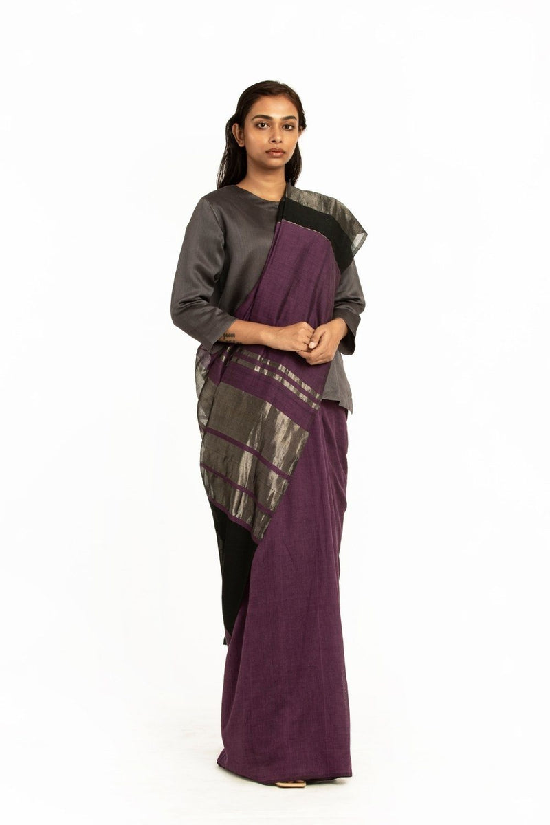 Handwoven Purple Black Engineered Cotton Saree by Akaaro for women Worldwide