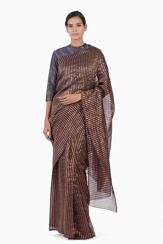 Handwoven Purple Gold Striped Silk Zari Saree by Akaaro for women Worldwide