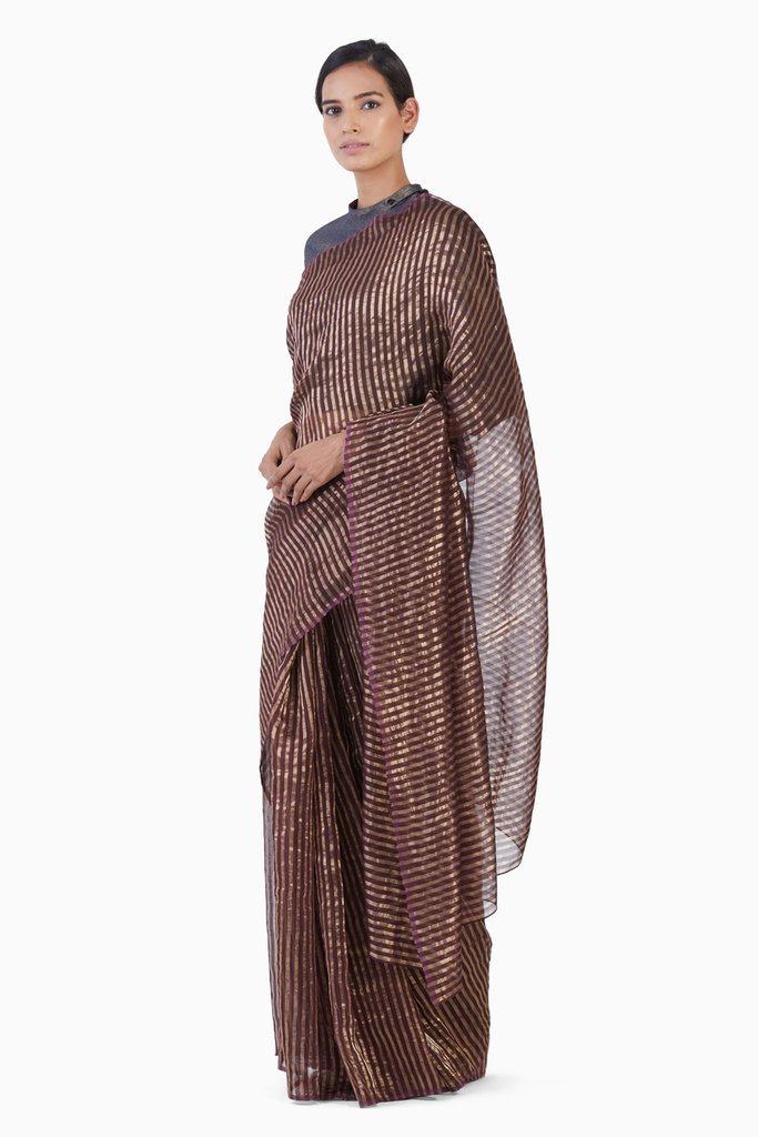 Handwoven Purple Gold Striped Silk Zari Saree by Akaaro for women Worldwide