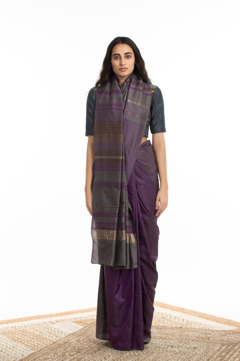 Handwoven Purple Grey Chevron Engineered Saree by Akaaro for women Worldwide