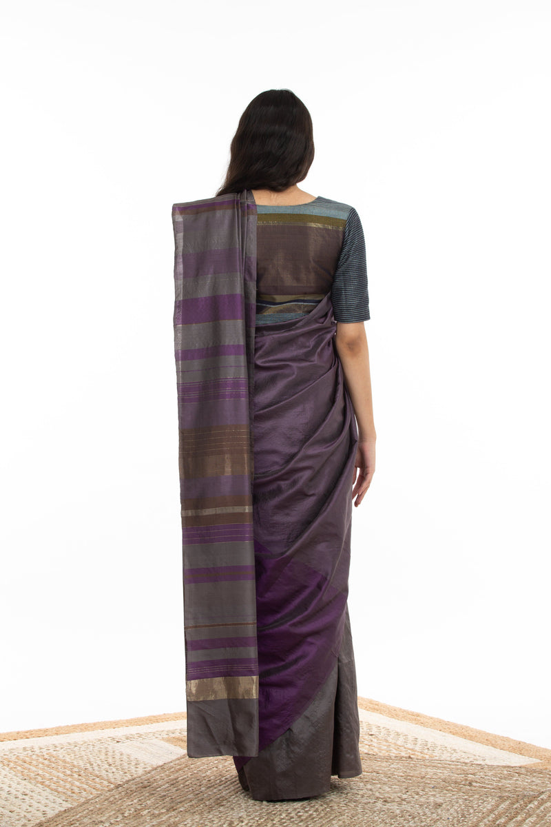 Handwoven Purple Grey Chevron Engineered Saree by Akaaro for women Worldwide