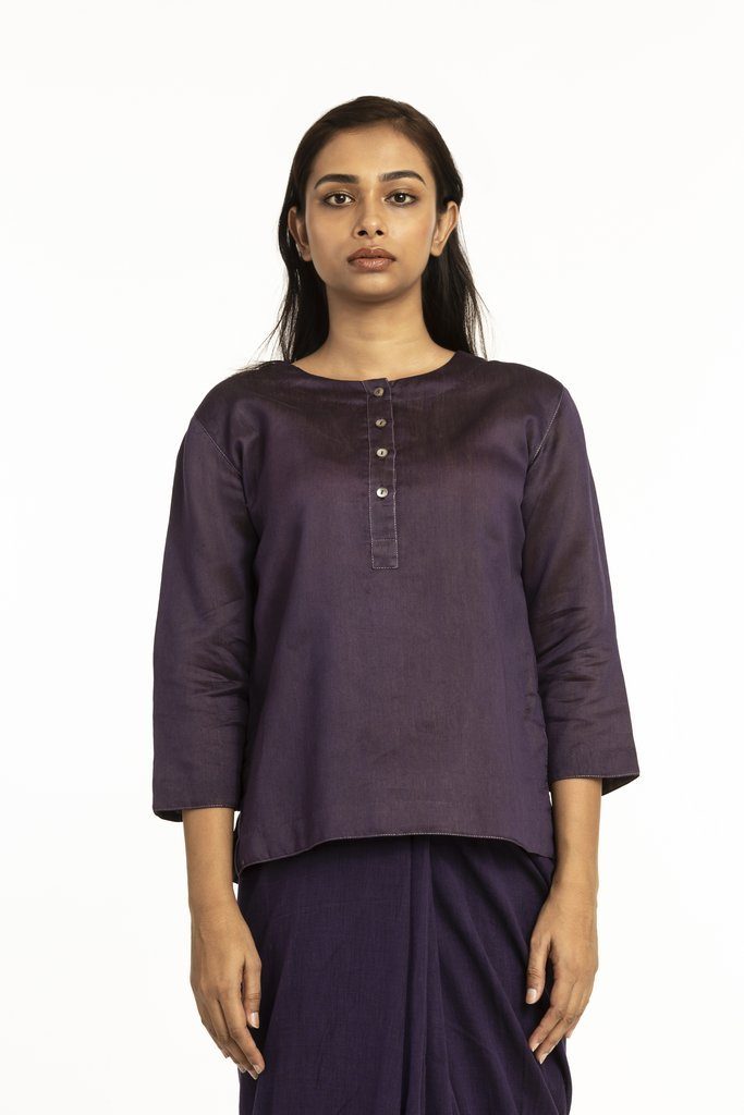 Handwoven Purple Short Placket Kameez Blouse by Akaaro for women Worldwide
