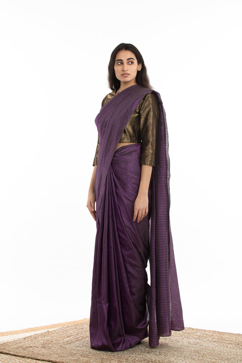 Handwoven Purple Zari Striped Silk Saree by Akaaro for women Worldwide