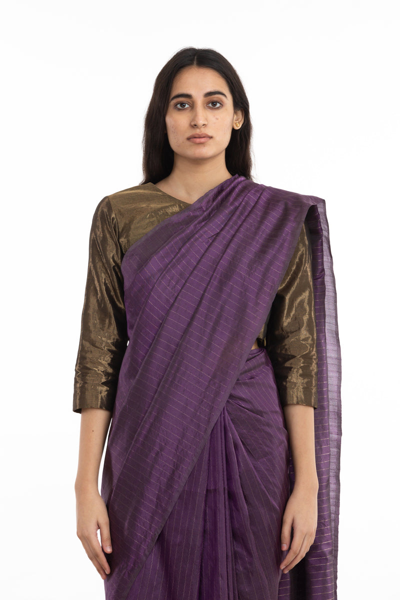 Handwoven Purple Zari Striped Silk Saree by Akaaro for women Worldwide