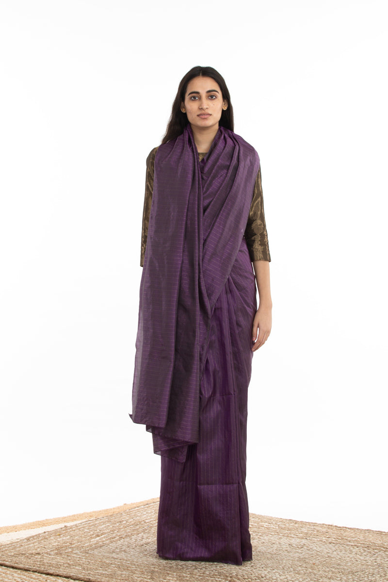Handwoven Purple Zari Striped Silk Saree by Akaaro for women Worldwide