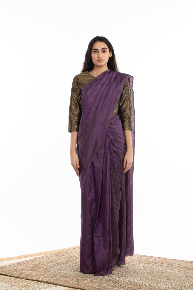 Handwoven Purple Zari Striped Silk Saree by Akaaro for women Worldwide