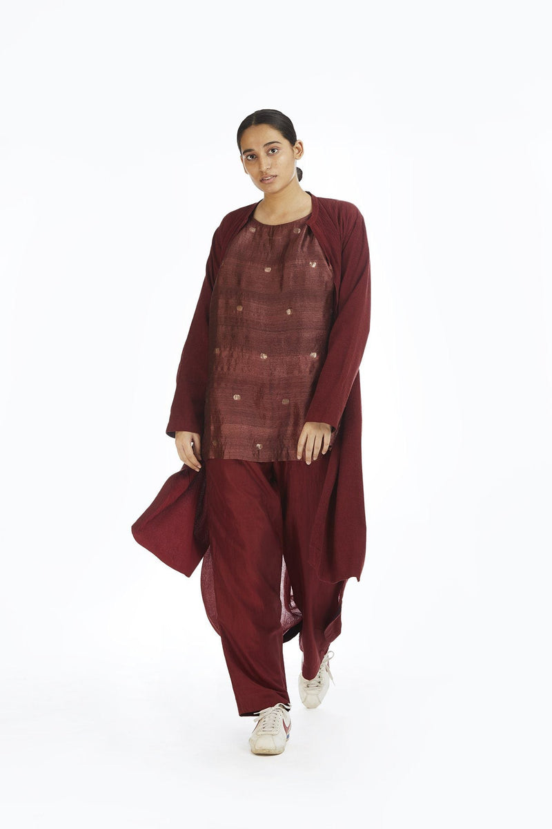 Handwoven Red Bamboo Textured Long Overlay by Akaaro for women Worldwide