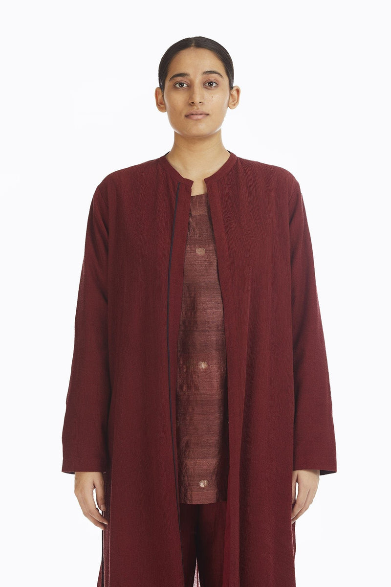 Handwoven Red Bamboo Textured Long Overlay by Akaaro for women Worldwide