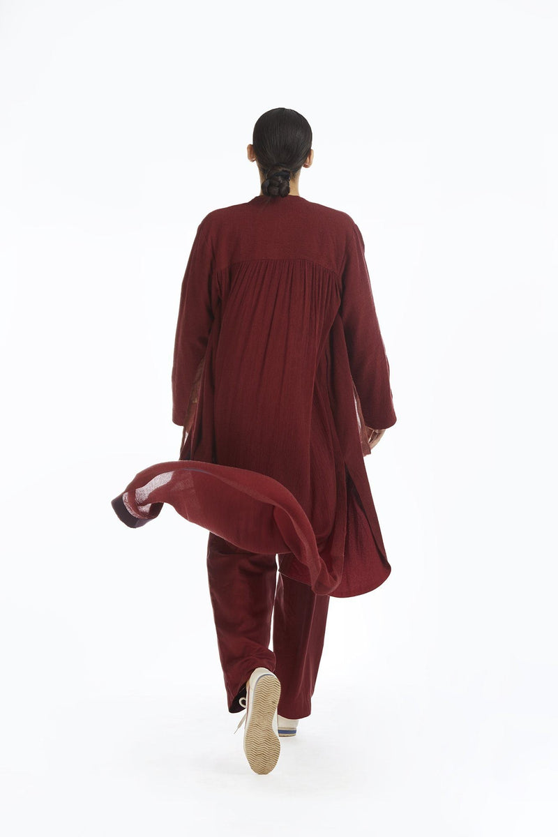 Handwoven Red Bamboo Textured Long Overlay by Akaaro for women Worldwide