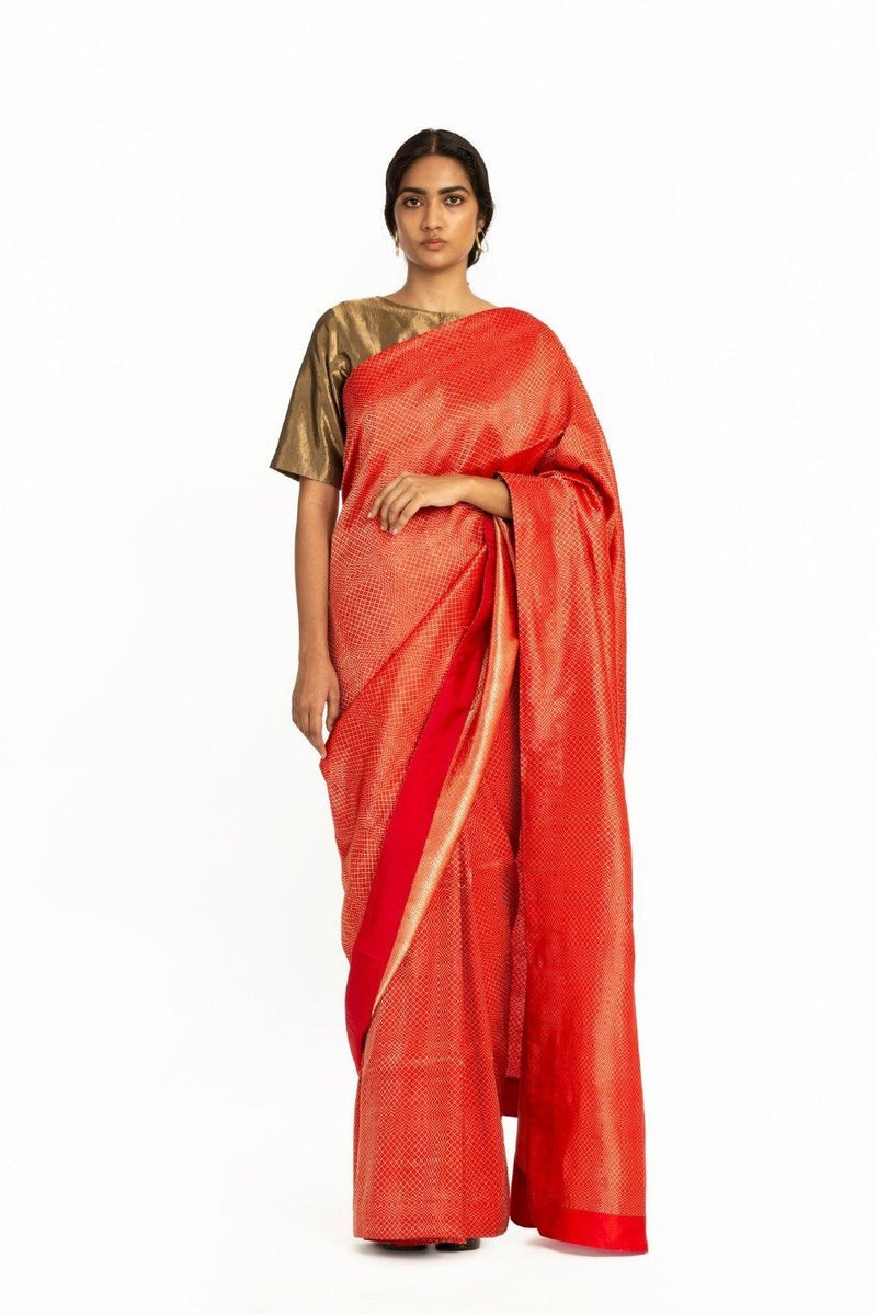 Handwoven Red Dotted Varanasi Saree by Akaaro for women Worldwide