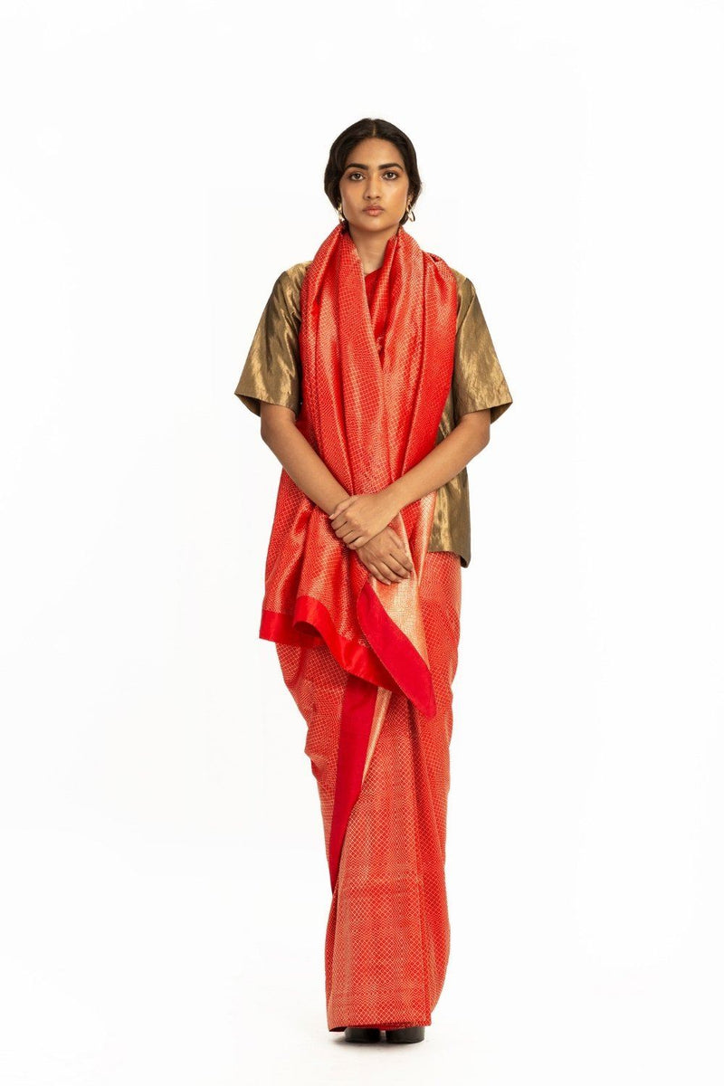 Handwoven Red Dotted Varanasi Saree by Akaaro for women Worldwide