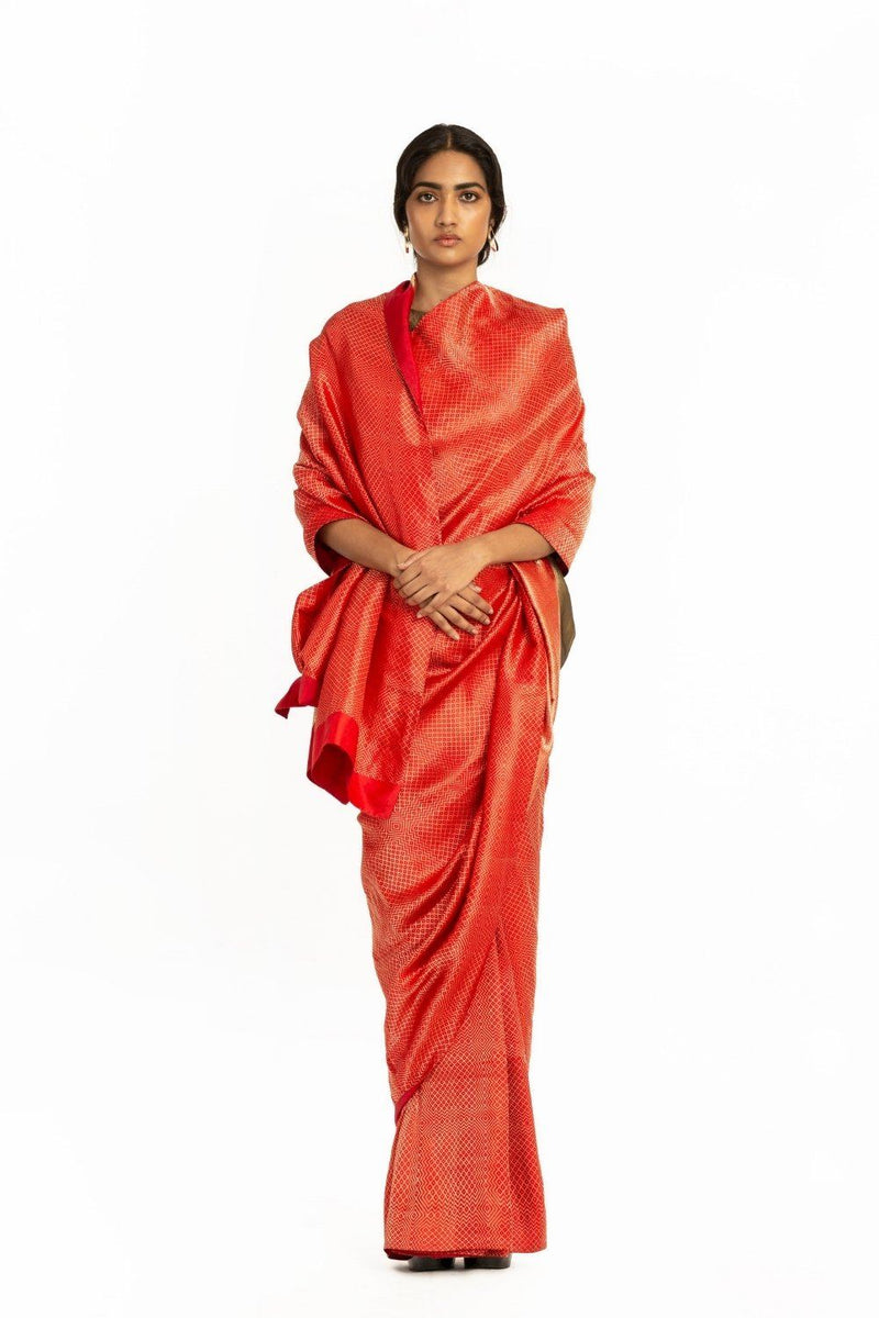 Handwoven Red Dotted Varanasi Saree by Akaaro for women Worldwide