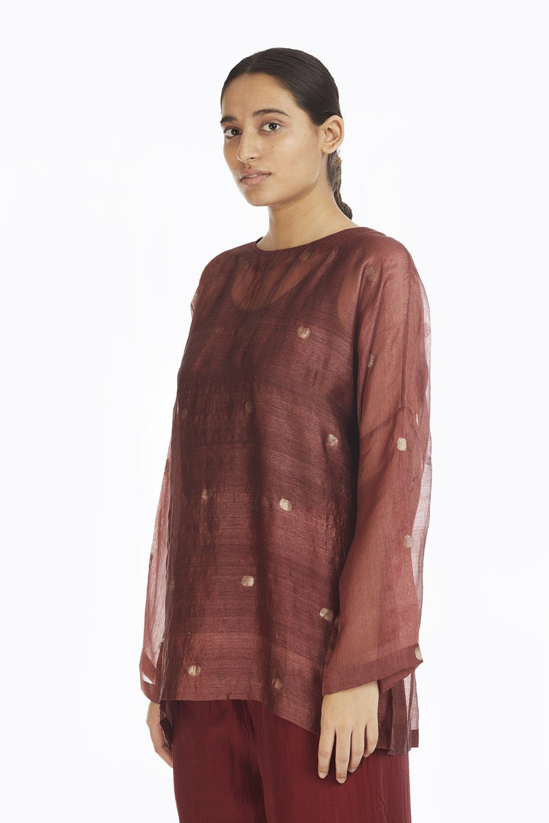 Handwoven Red Jamdani Top by Akaaro for women Worldwide