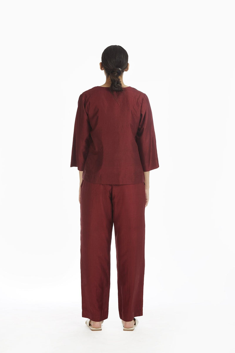 Handwoven Red Silk Straight Pants by Akaaro for women Worldwide