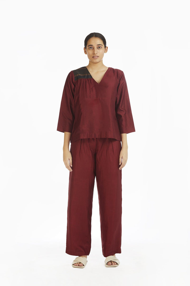 Handwoven Red Silk Straight Pants by Akaaro for women Worldwide