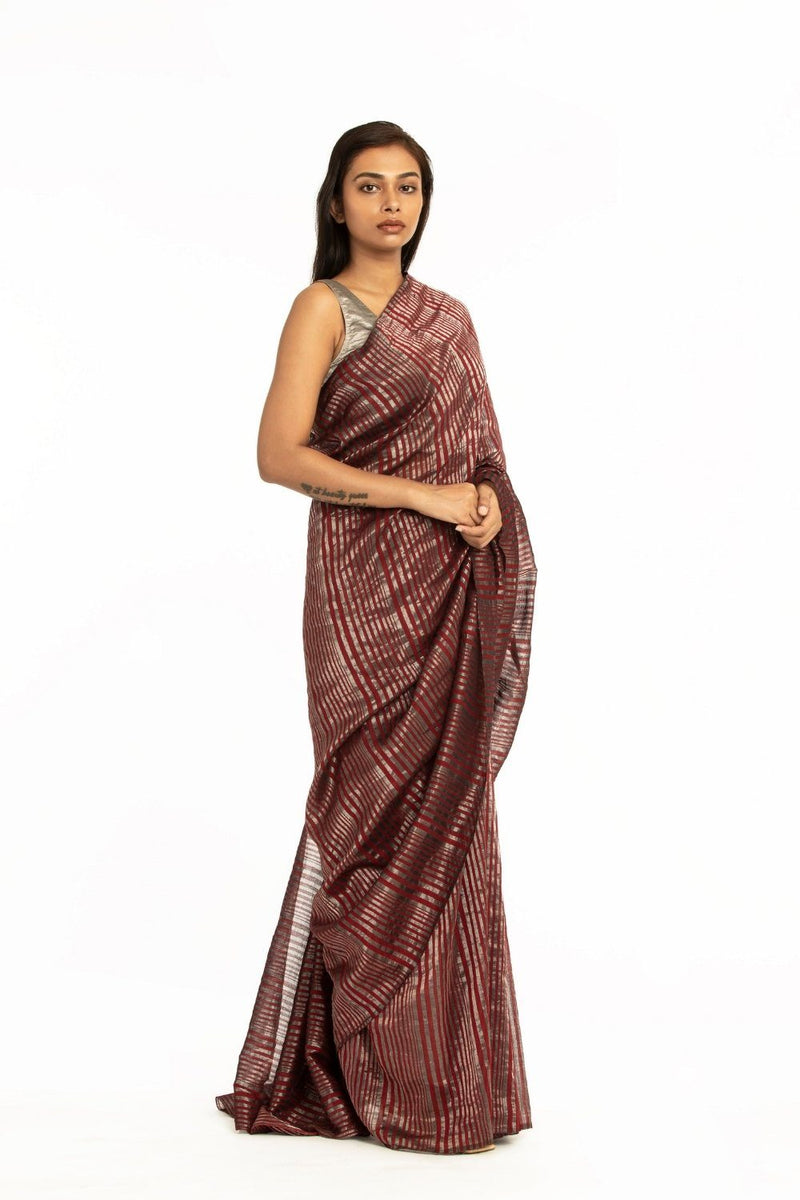 Handwoven Red Silver Striped Silk Cotton Linen Zari Saree by Akaaro for women Worldwide