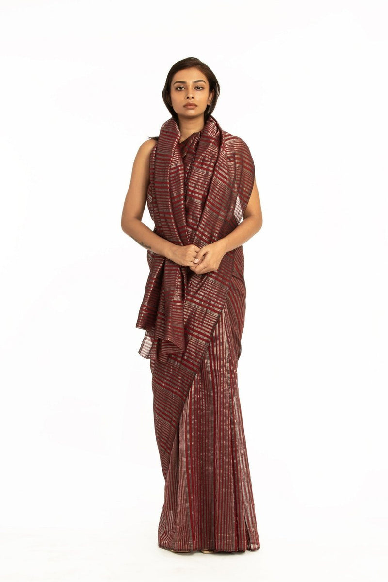 Handwoven Red Silver Striped Silk Cotton Linen Zari Saree by Akaaro for women Worldwide