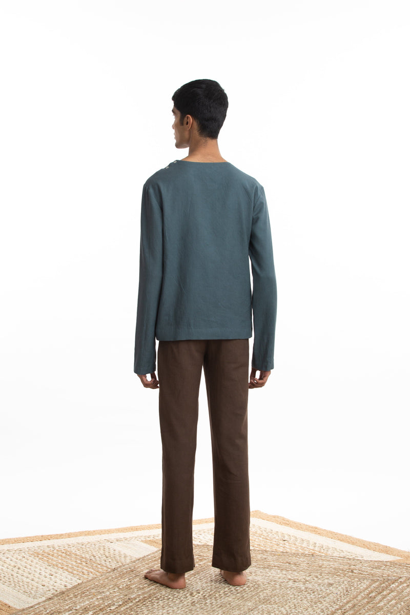Handwoven Round Blue Pullover Zen Shirt by Akaaro Men for men Worldwide