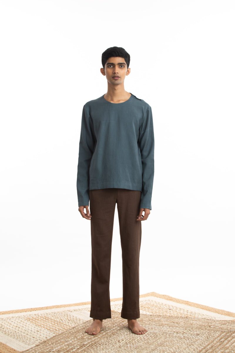 Handwoven Round Blue Pullover Zen Shirt by Akaaro Men for men Worldwide