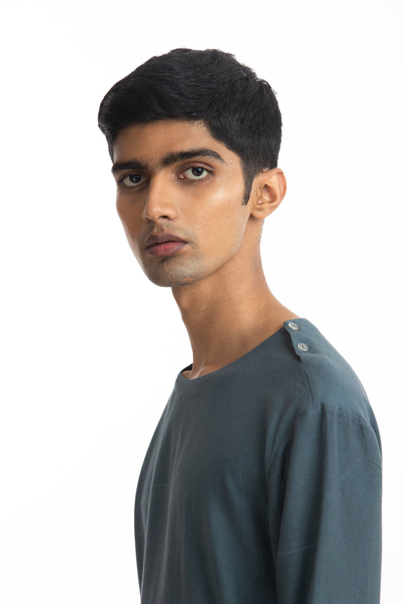 Handwoven Round Blue Pullover Zen Shirt by Akaaro Men for men Worldwide