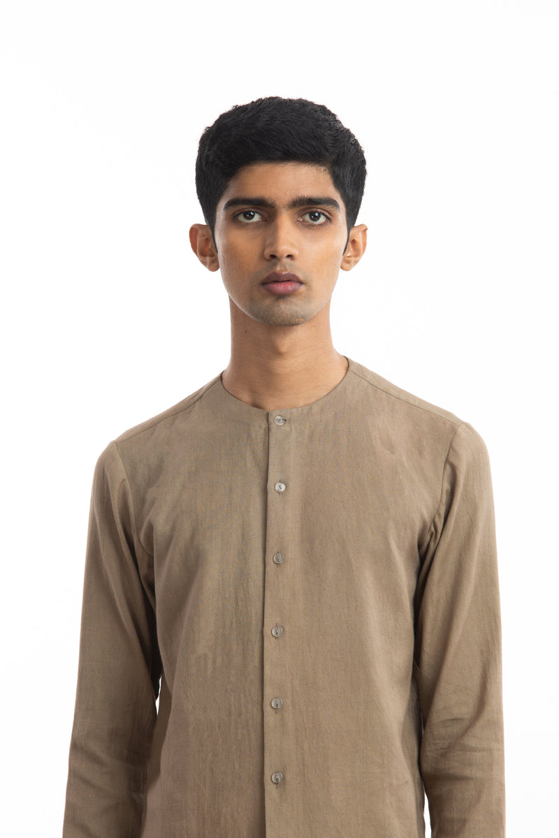 Handwoven Round Neck Beige Zen Shirt by Akaaro Men for men Worldwide