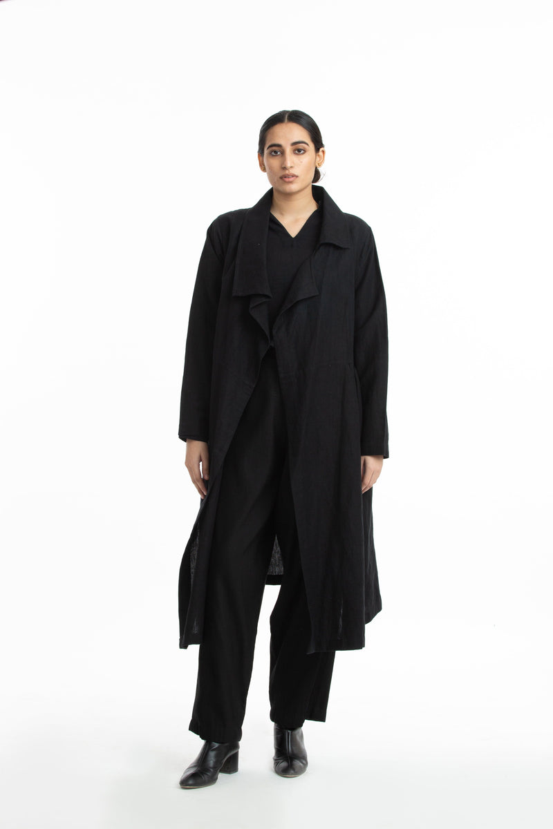 Handwoven Side Gathered Black Long Jacket by Akaaro in black color for women Worldwide