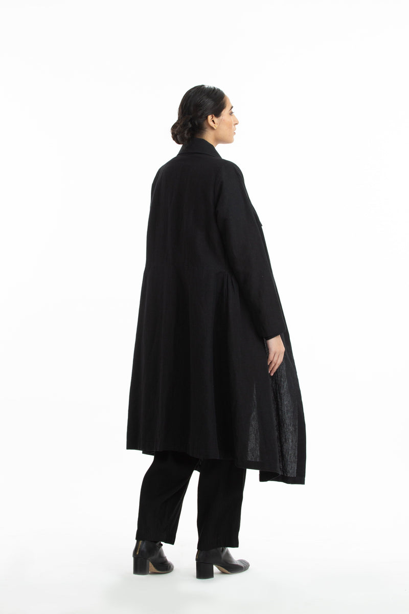 Handwoven Side Gathered Black Long Jacket by Akaaro in black color for women Worldwide