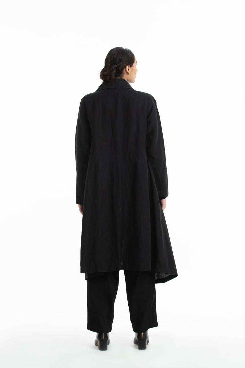 Handwoven Side Gathered Black Long Jacket by Akaaro in black color for women Worldwide