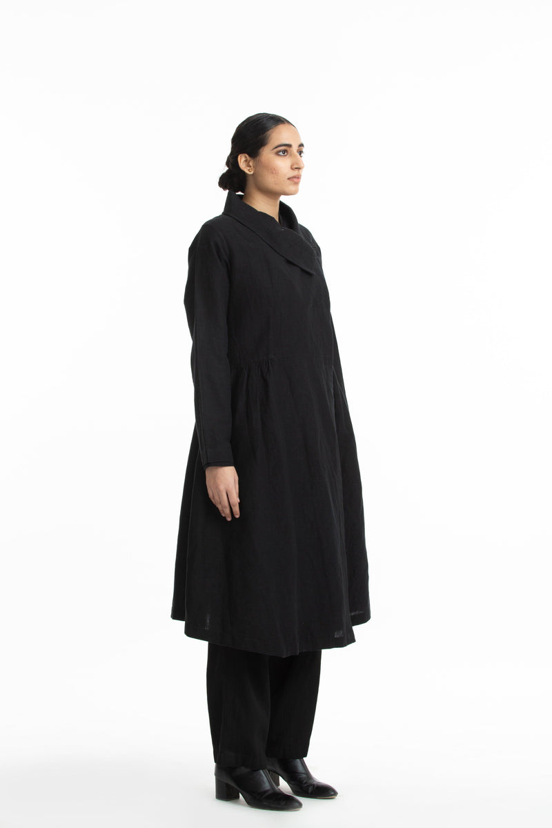 Handwoven Side Gathered Black Long Jacket by Akaaro in black color for women Worldwide