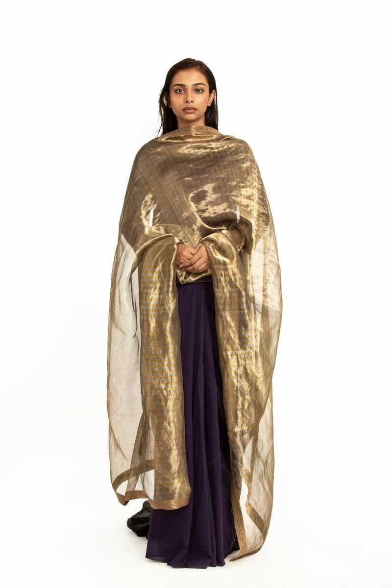 Handwoven Silver Black Metallic Striped Dupatta by Akaaro for women Worldwide