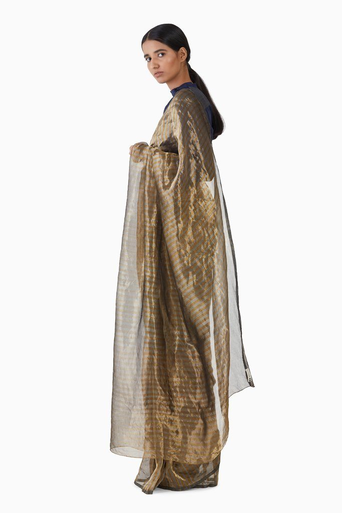 Handwoven Silver Gold Striped Saree by Akaaro for women Worldwide