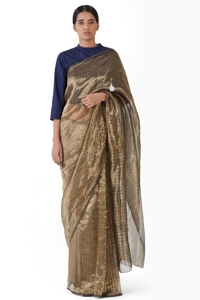 Handwoven Silver Gold Striped Saree by Akaaro for women Worldwide
